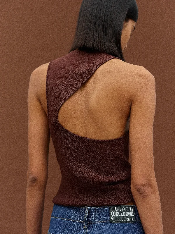 Asymmetric Cut-Out Tank, Brown Chambray