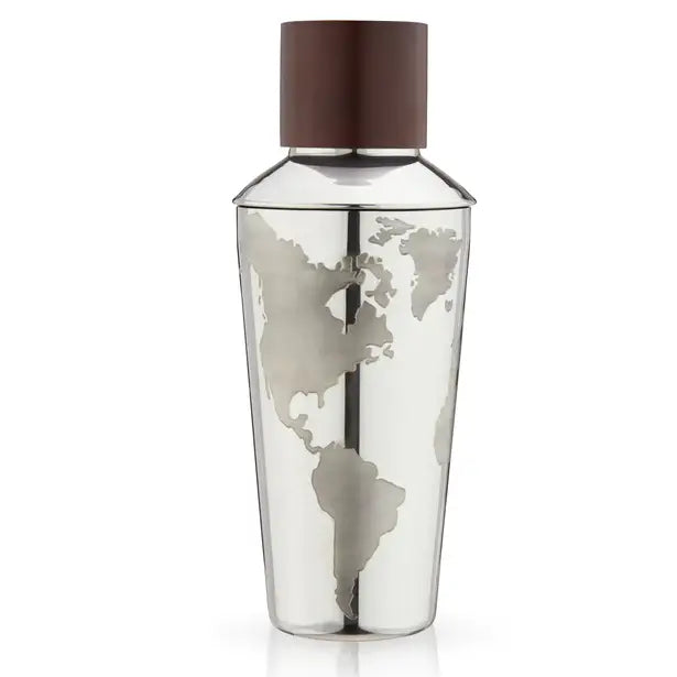 Globe Themed Stainless Steel Cocktail Shaker w/ Wood Cap