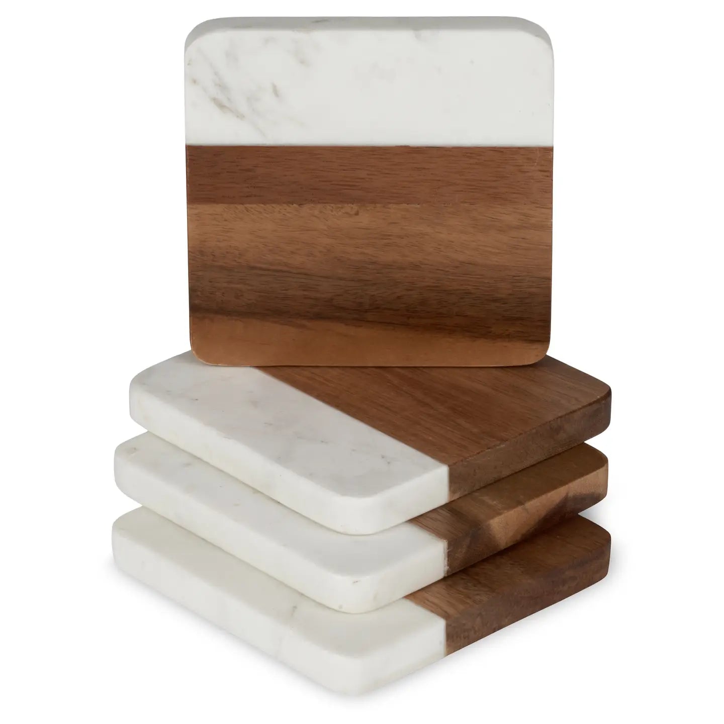 Marble & Acacia Coasters w/ Rounded Corners - Set of 4