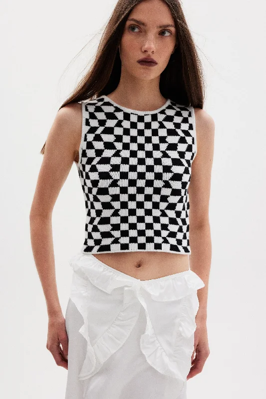 Optical Checker Knit Tank, Black & White