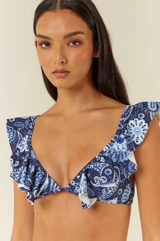 Palm Noosa V Neck Bikini Top - Blue Paisley