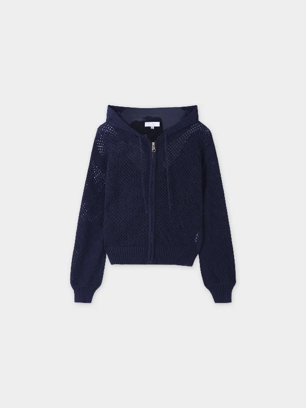 Zip Up Crochet Hoodie-Navy