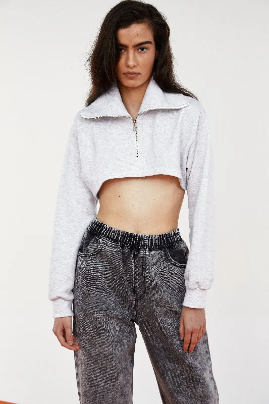 Cropped Zip Up Sweatshirt, Light Grey Melange