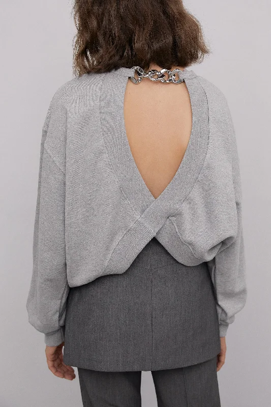 Cross Open Back Chain Sweatshirt, Grey