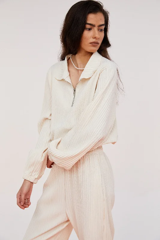 Half Zip Pleat Boxy Sweatshirt, Alabaster