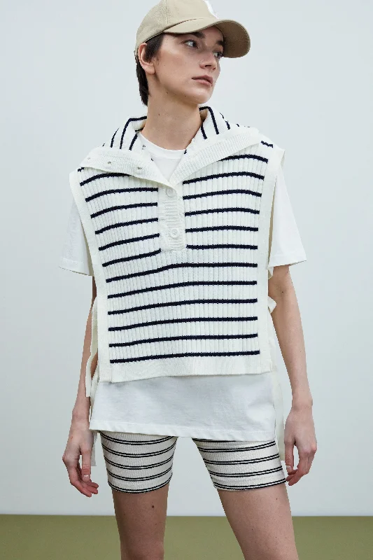 Open Tie Knit High Collar Vest, Striped Ivory