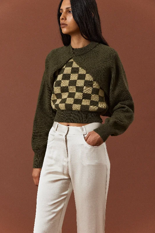 Checker Knit Tank & Cutout Sweater, Khaki