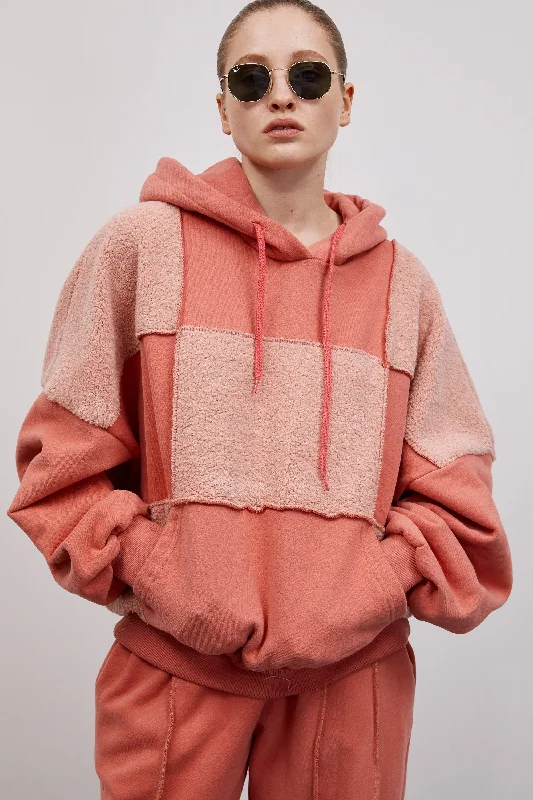 Checkerboard Fleece Hooded Sweatshirt, Salmon