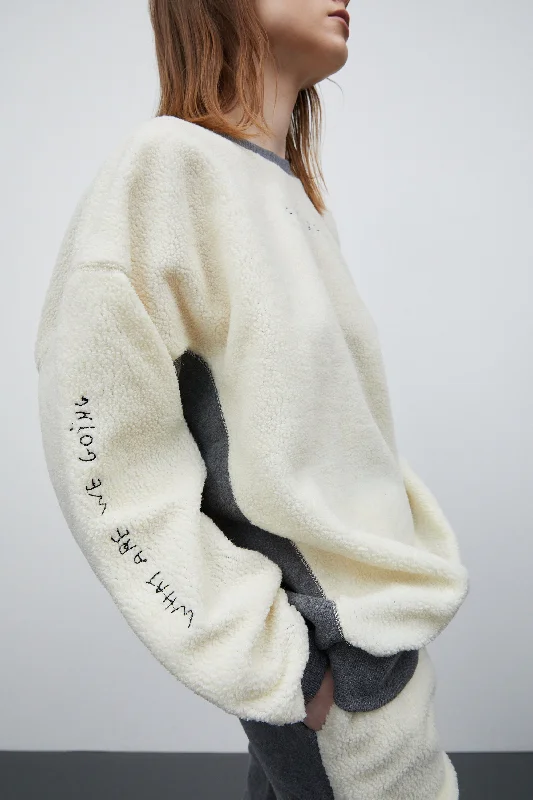 Embroidered Lettering Shearling Sweatshirt, Cream & Grey