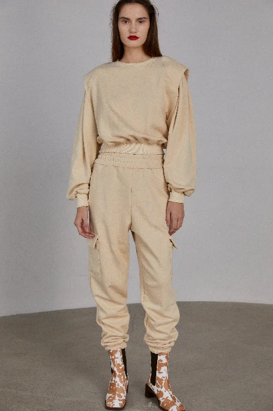 Pad Shoulder Sweatshirt And Cargo Jogger Set, Butter