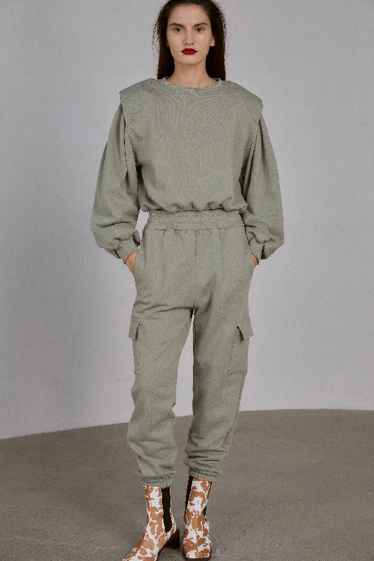 Pad Shoulder Sweatshirt And Cargo Jogger Set, Pale Green