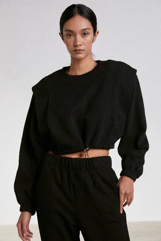 Padded Shoulder Cropped Sweatshirt, Black