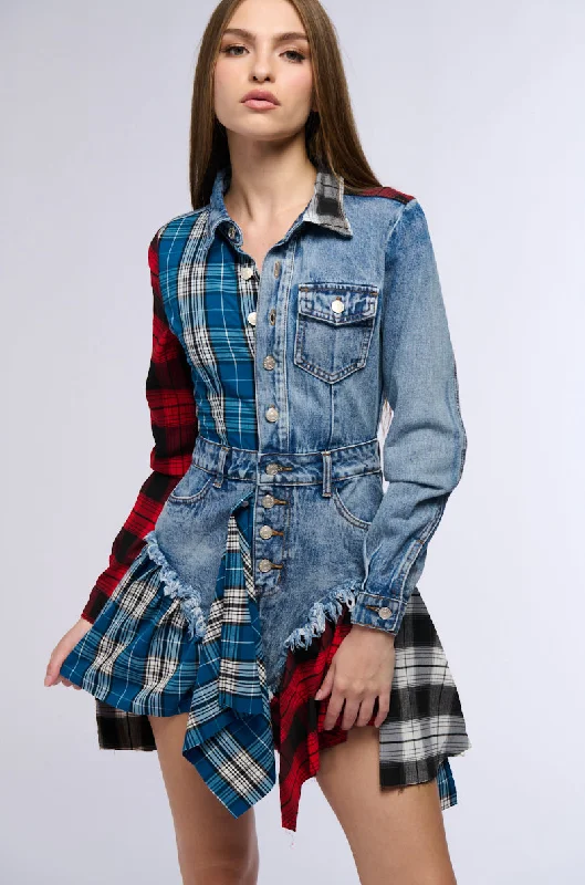 PATCHWORK PLAID DENIM MINI DRESS