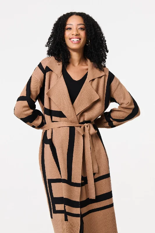 Striped Print Tie Waist Longline Coat