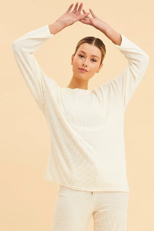 White Rib Top Long Sleeve Crew Neck Brushed