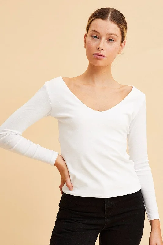 White V Neck Top Long Sleeve Cotton Stretch